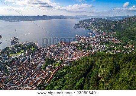 Bergen is a city and municipality in Hordaland on the west coast of Norway. Bergen is the second-largest city in Norway. The view from the height of bird flight. Aerial FPV drone flights.