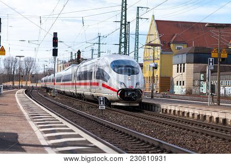 Fuerth / Germany - March 11, 2018: Ice 3, Intercity-express Train From Deutsche Bahn Passes Train St