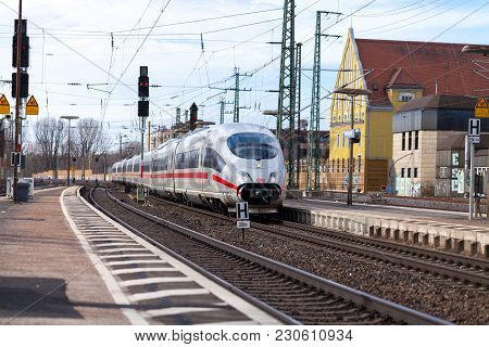 Fuerth / Germany - March 11, 2018: Ice 3, Intercity-express Train From Deutsche Bahn Passes Train St