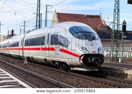 Fuerth / Germany - March 11, 2018: Ice 3, Intercity-express Train From Deutsche Bahn Passes Train St