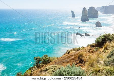 Grassland And Green Bushes At The Twelve Apostels At The Great Ocean Road, Victoria, Australia
