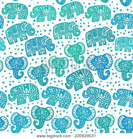 Beautiful Seamless Pattern Indian Elephant With Polka Dot Ornaments. Hand Drawn Ethnic Tribal Decora