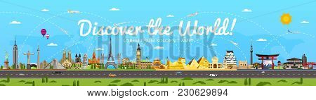 Discover The World Poster With Famous Attractions  Illustration. Taj Mahal, Todaydzi, Sagrada Famili