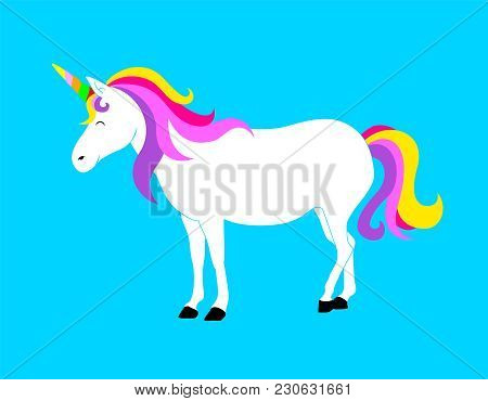 Cute Magic Unicorn. Cartoon Fantasy Animal. Vector Illustration Isolated On Blue Background. Dream S