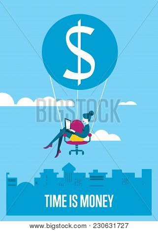 Young Efficient Business Woman With Laptop Flying In Sky On Hot Air Balloon With Office Chair Instea