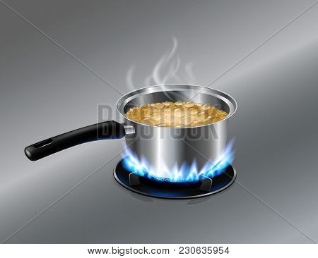 Stainless Steel Soup Pot Boiling Water. On The Gas Stove. Vector Realistic File.