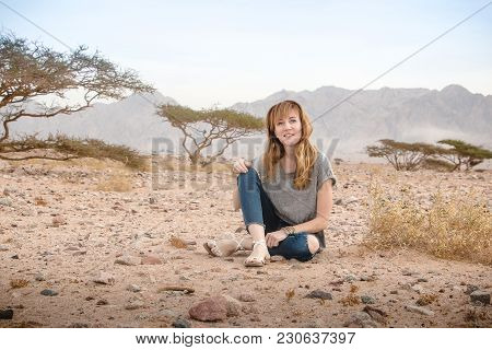 Girl Have Fun In Desert In A Summer Day