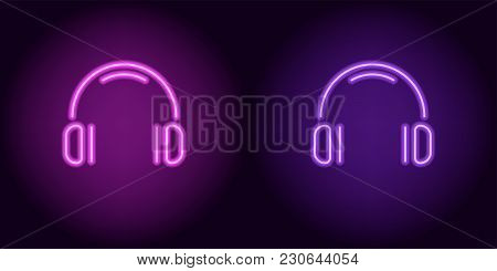 Purple And Violet Neon Headphones. Vector Illustration Of Neon Music Headphone Consisting Of Outline