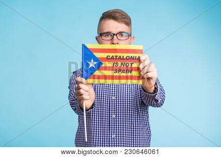 Man With Pro-independence Flag. Referendum For The Separation Of Catalonia From Spain Concept.