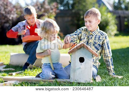 Family Brothers Making Wooden Birdhouse By Hands. Kid Teenager Teaches His Younger Brother.