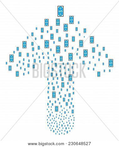 Dollar Banknote Collage Created In The Shape Of Up Movement Arrow. Forward Aim Arrow Collage Made Fr