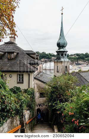 Salzburg, Austria - August 6, 2017: St. Johannes Am Imberg Church In Kapuzinerberg A Rainy Day