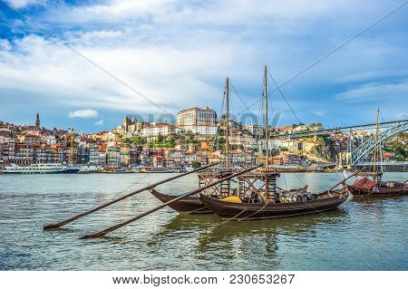 Rabelo, Traditional Boat With Wine Barrels In Porto, Portugal