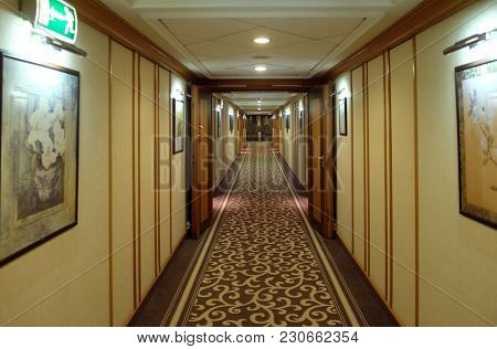 BUDAPEST, HUNGARY - OCTOBER 14: Hotel corridor in Danubius Health Spa Resort Margitsziget in Budapest, Hungary, on October 14, 2017.