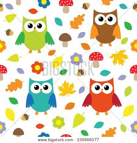 Autumn Background With Owls. Vector Seamless Pattern