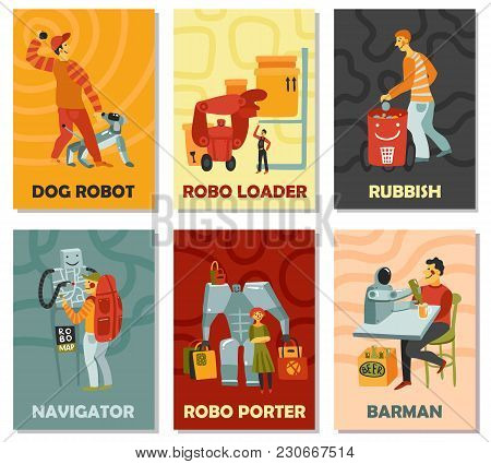 Robots With Duties Dog, Trash Can, Navigator, Barman, Porter, Vertical Cards On Color Background Iso