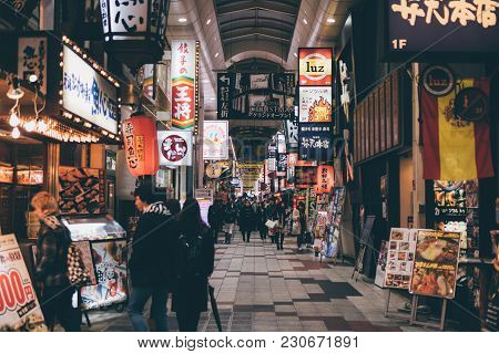 Osaka , Japan - January 17, 2018 : People Shopping At Hankyu Higashi-dori Shopping Street, Osaka.