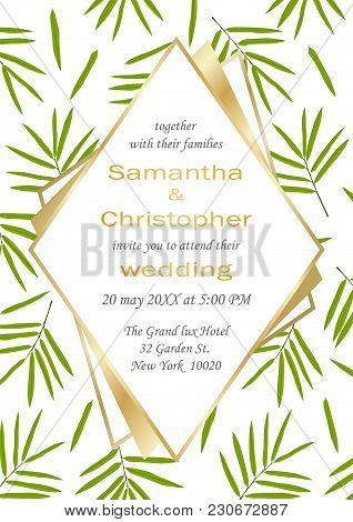 Wedding Glamorous Invitation Floral Card With Gold Geometric Frame And Bamboo Leaves On White Backgr