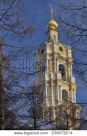 Moscow, Russia -march 10 2018 Bell Tower Of Church Of St. Sergius Of Radonezh Of Novospassky Monaste