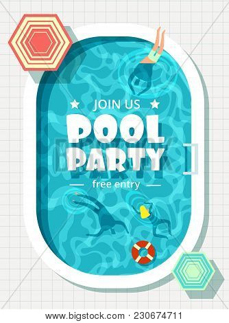 Relaxing Man And Woman In Summer Vacation. Swimming Pool Party Vector Background. Illustration Of Sw
