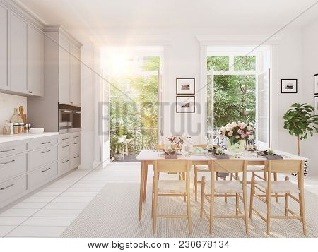 3d Rendering Of Modern Kitchen In A Loft.