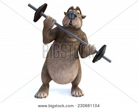 3D Rendering Of Cartoon Bear Exercising With Barbell.