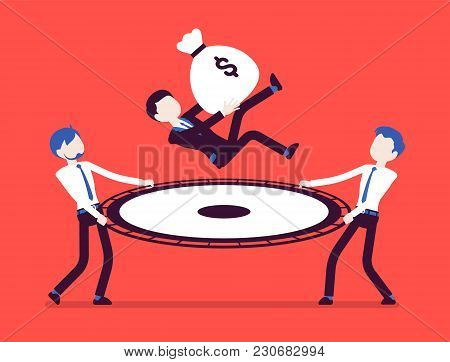 Budget Saving Net. Young Businessmen Catching A Person Jumping With Money Sack, Financial Help To Ke