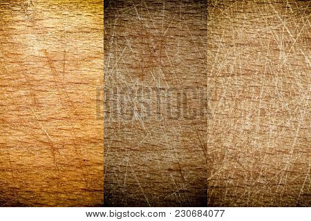 Close-up Vintage Empty Cutting Board On Bamboo Planks, Food Background Concept.