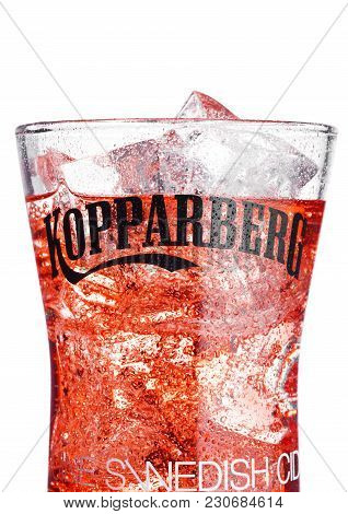 London, Uk - March 10, 2018 : Cold Glass Of Kopparberg Premium Cider  On White Background.