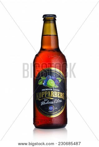 London, Uk - March 10, 2018 : Cold Bottle Of Kopparberg Premium Cider With Blueberry And Lime Flavor