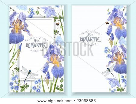 Vector Botanical Banners With Blue Flowers On White Background. Floral Design For Natural Cosmetics,