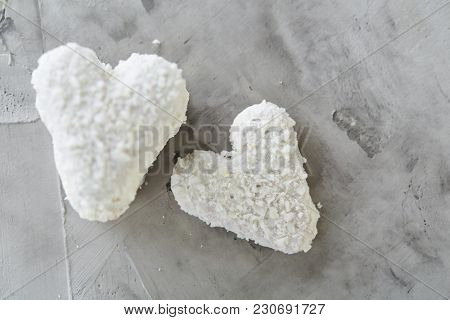 Sweet Crunchy Coconat Heart-shaped Biscuits Arranged In Pattern On Light Textured Background, Top Vi