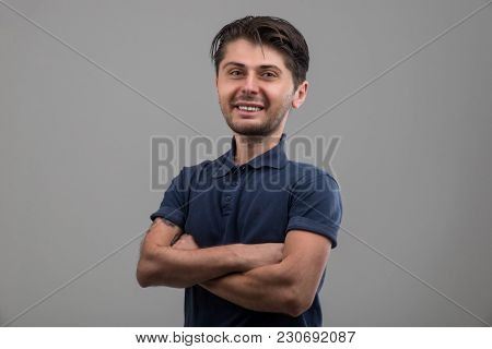Funny Man Portrait In Studio Isolated On Grey Background