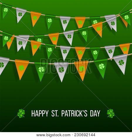Colorful Festive Bunting With Clover On Green Background. Irish Holiday - Happy Saint Patricks Day B