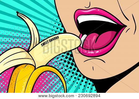 Close Up Of Sexy Open Female Mouth Eating Banana With Sweet Banana Lettering. Vector Colorful Backgr