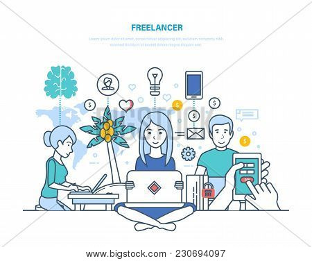 Concept Of Freelancers And Remote Work. Modern Workplace Of Freelancer, Equipment, Technical Equipme
