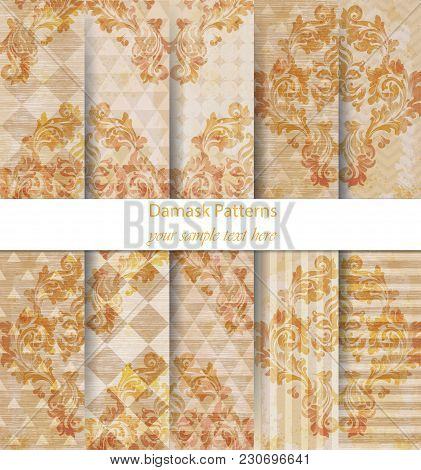Damask Patterns Set Collection Vector. Baroque Ornament On Modern Abstract Background. Vintage Decor