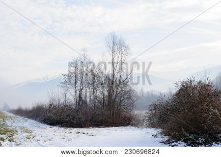 A Snowy Landscape In The French Alps, Along The Road Between France And Italy.