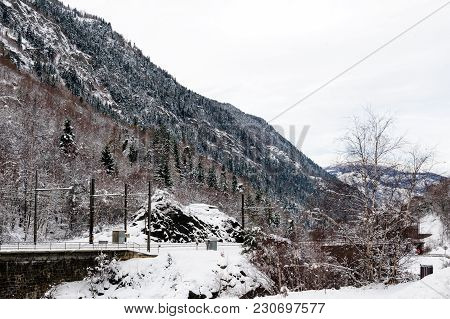 A Snowy Landscape In The French Alps, Along The Road Between France And Italy.