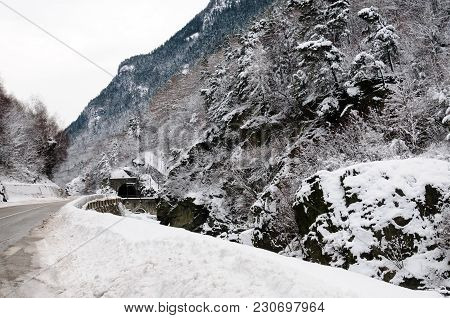 A Snowy Landscape In The French Alps, Along The Road Between France And Italy.