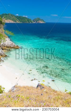 Aerial View point of Tropical white sand beach and snorkel point at cockburn island andaman sea indian ocean Myanmar and Thailand.