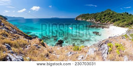 Panorama Aerial View point of Tropical white sand beach and snorkel point at cockburn island andaman sea indian ocean Myanmar and Thailand.