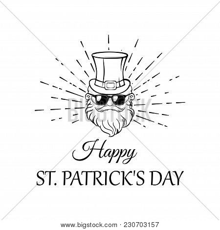 Illustration Of Leprechaun In Hat And Sunglasses In Beams. Happy Patrick S Day Lettering. Greeting C