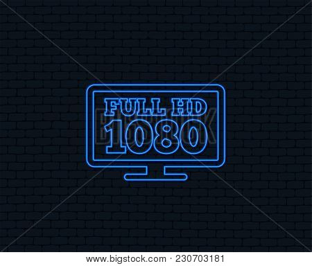 Neon Light. Full Hd Widescreen Tv Sign Icon. 1080p Symbol. Glowing Graphic Design. Brick Wall. Vecto