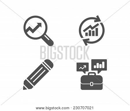 Set Of Update Data, Analytics And Pencil Icons. Business Portfolio Sign. Sales Statistics, Audit Ana