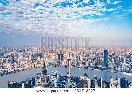 Aerial View Of Shanghai City Center In The Morning. China.