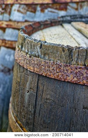 Old Wooden Barrel Close Up Used Voor Wine, Whiskey, Other Alcoholic Drinks