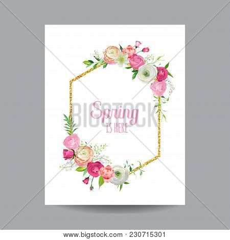 Blooming Spring And Summer Floral Frame With Golden Glitter Border. Watercolor Roses Flowers For Inv