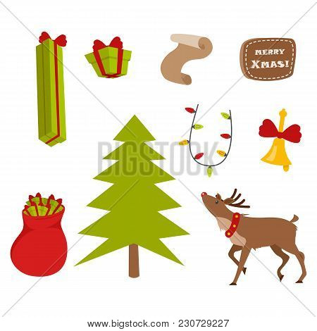 Set Of Nice Christmas Icons On White Background. Vector Illustration Of Present, Golden Handbell, Bi