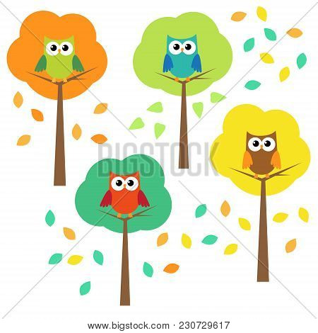 Autumn Trees And Owls. Vector Set,vector Illustration